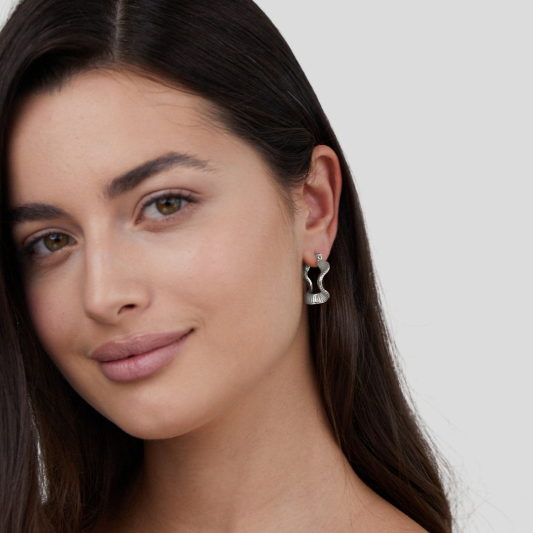 Geometric Wave Silver Hoops